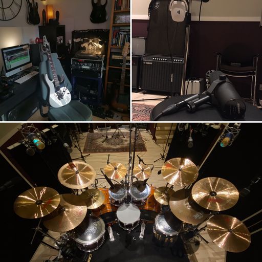 Guitar set-up in a home studio, vocal microphone and a drum kit at a professional studio - no individuals shown